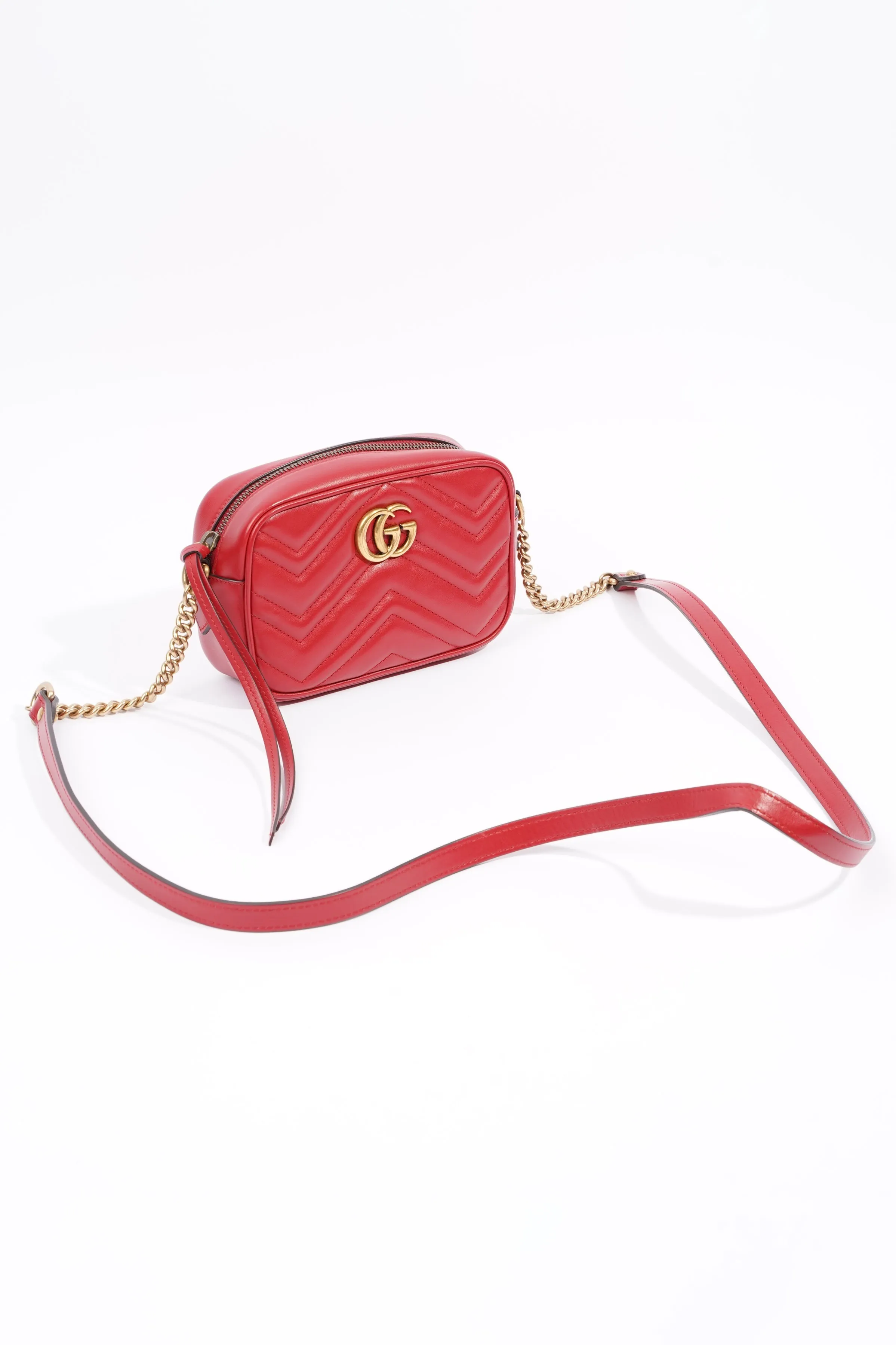 Gucci Womens Marmont Shoulder Zip Bag Red Leather Mini