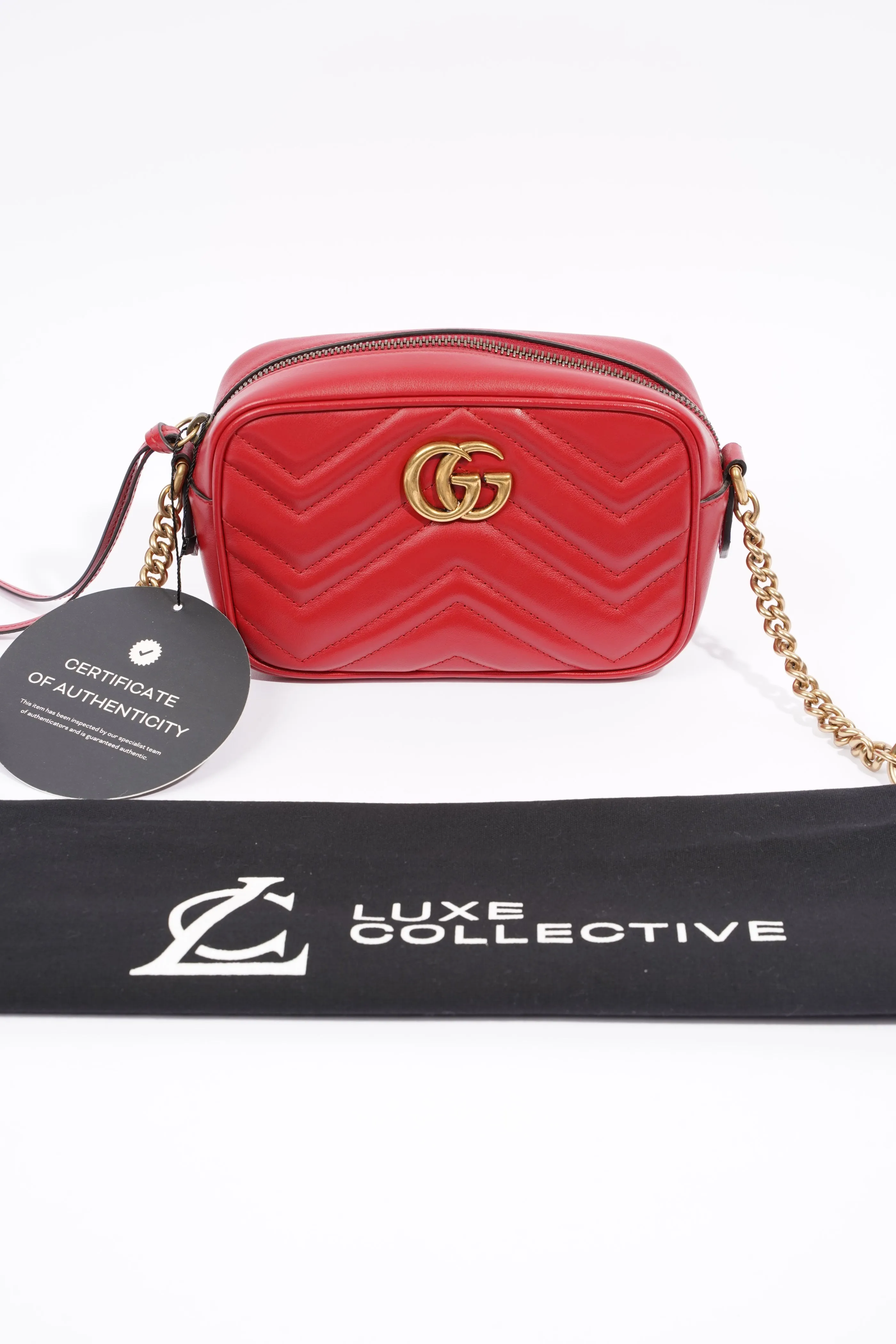 Gucci Womens Marmont Shoulder Zip Bag Red Leather Mini