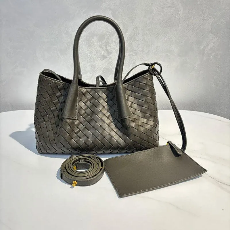 Handwoven Lambskin Leather Shoulder Bag for Women | Luxury Designer Handbag with Top Handles & Crossbody Strap