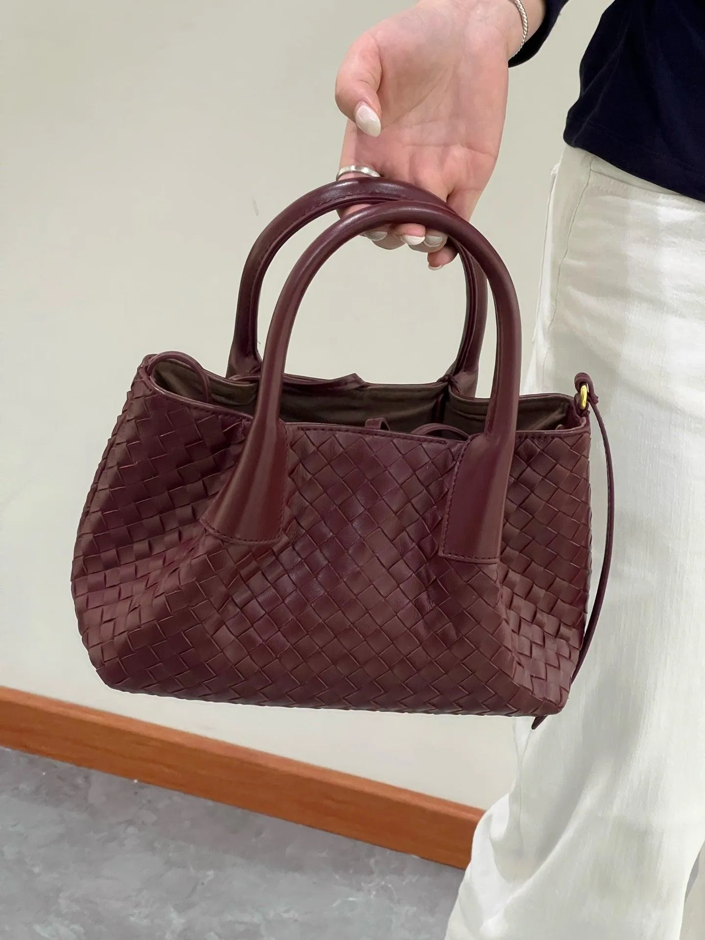 Handwoven Lambskin Leather Shoulder Bag for Women | Luxury Designer Handbag with Top Handles & Crossbody Strap