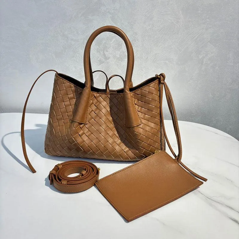 Handwoven Lambskin Leather Shoulder Bag for Women | Luxury Designer Handbag with Top Handles & Crossbody Strap