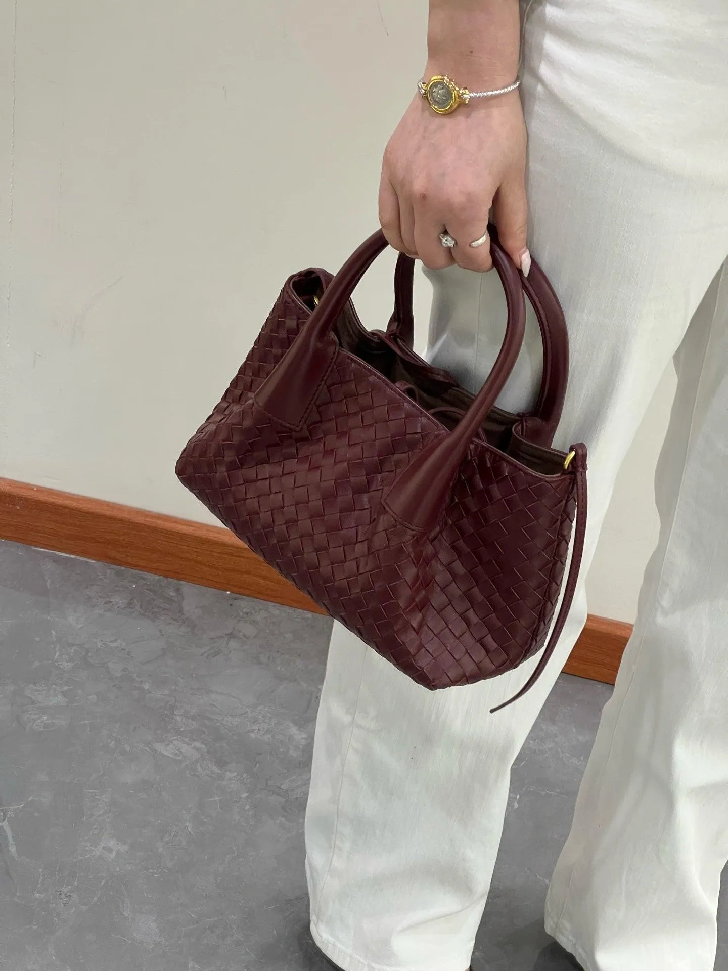 Handwoven Lambskin Leather Shoulder Bag for Women | Luxury Designer Handbag with Top Handles & Crossbody Strap