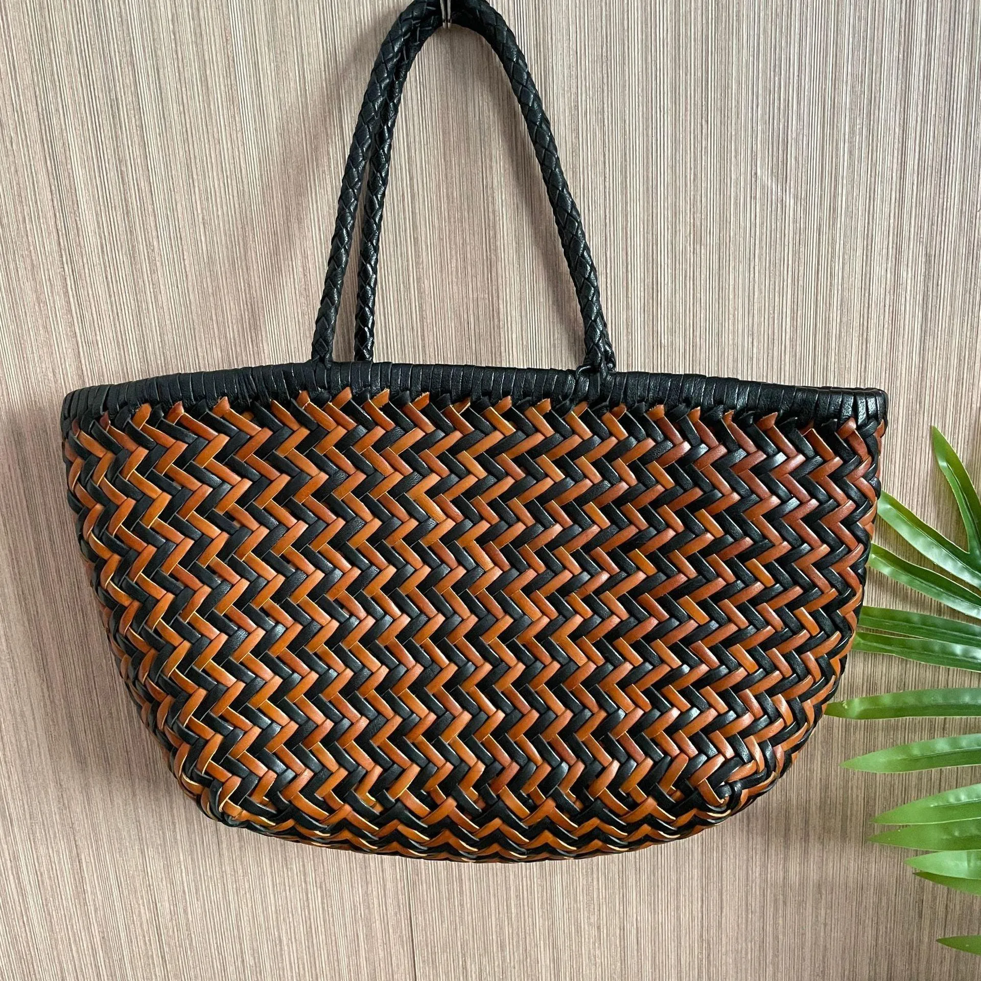 Italy Full Grain Leather Soft Woven Triple Jump Bamboo Style HandBag, Handcrafted Ladies Bag, Basket Bag, Coffee, Black, Brown
