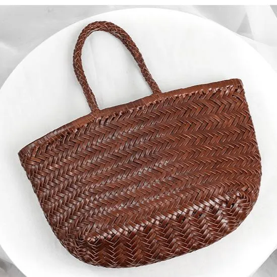 Italy Full Grain Leather Soft Woven Triple Jump Bamboo Style HandBag, Handcrafted Ladies Bag, Basket Bag, Coffee, Black, Brown