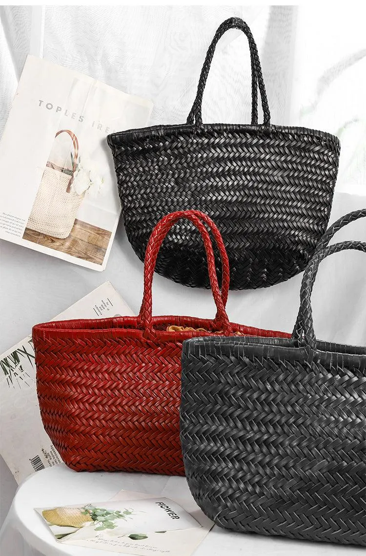 Italy Full Grain Leather Soft Woven Triple Jump Bamboo Style HandBag, Handcrafted Ladies Bag, Basket Bag, Coffee, Black, Brown