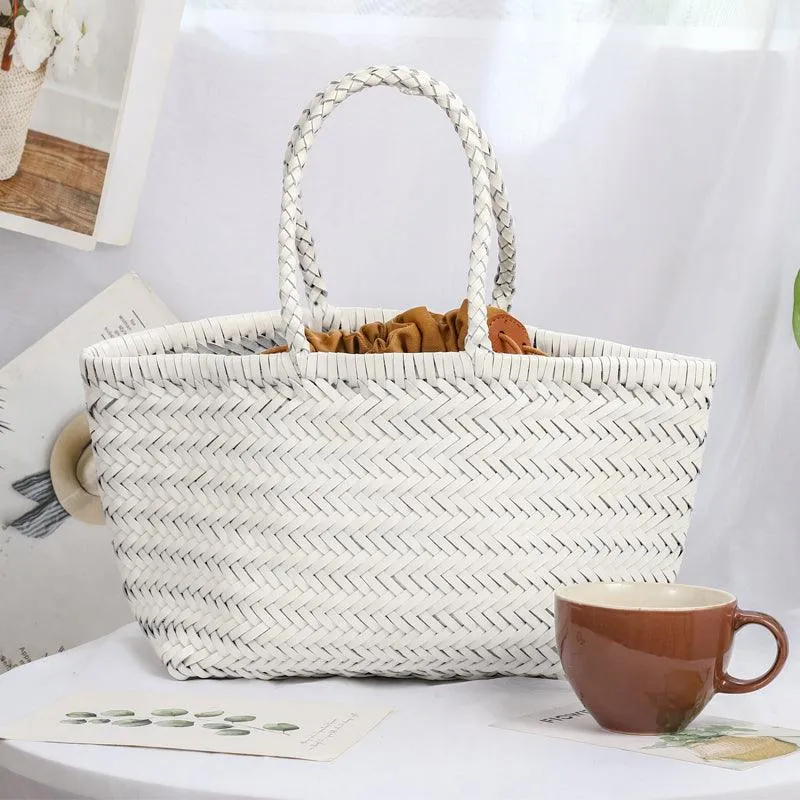 Italy Full Grain Leather Soft Woven Triple Jump Bamboo Style HandBag, Handcrafted Ladies Bag, Basket Bag, Coffee, Black, Brown