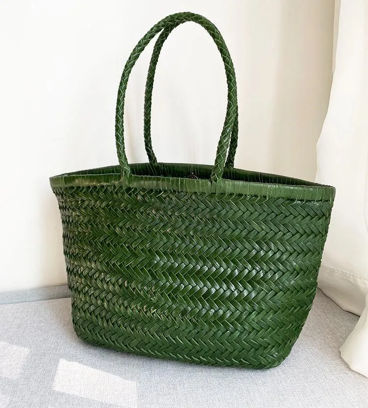 Italy Full Grain Leather Soft Woven Triple Jump Bamboo Style HandBag, Handcrafted Ladies Bag, Basket Bag, Coffee, Black, Brown