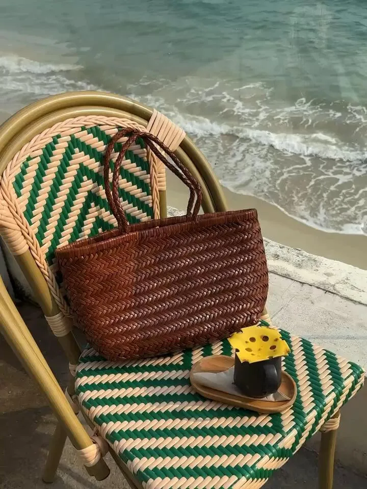 Italy Full Grain Leather Soft Woven Triple Jump Bamboo Style HandBag, Handcrafted Ladies Bag, Basket Bag, Coffee, Black, Brown