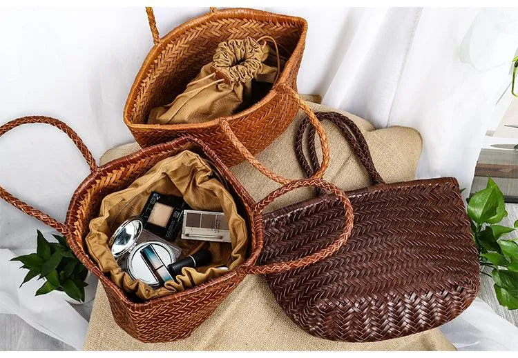 Italy Full Grain Leather Soft Woven Triple Jump Bamboo Style HandBag, Handcrafted Ladies Bag, Basket Bag, Coffee, Black, Brown