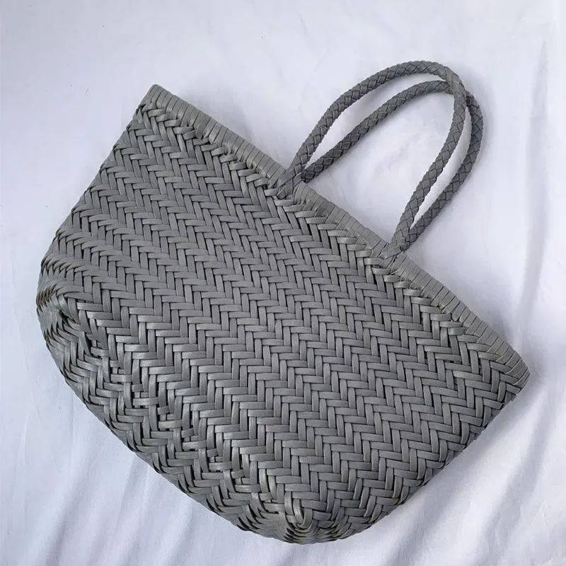 Italy Full Grain Leather Soft Woven Triple Jump Bamboo Style HandBag, Handcrafted Ladies Bag, Basket Bag, Coffee, Black, Brown
