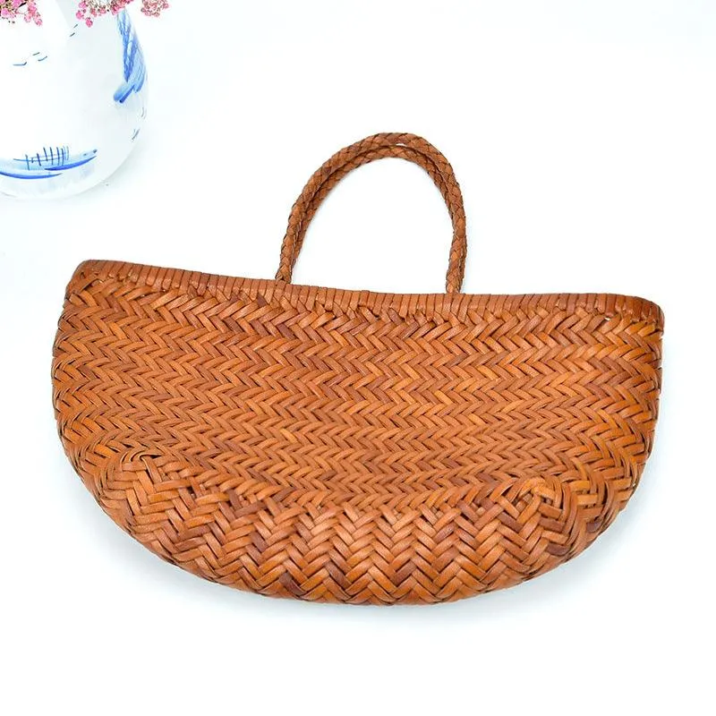 Italy Full Grain Leather Soft Woven Triple Jump Bamboo Style HandBag, Handcrafted Ladies Bag, Basket Bag, Coffee, Black, Brown