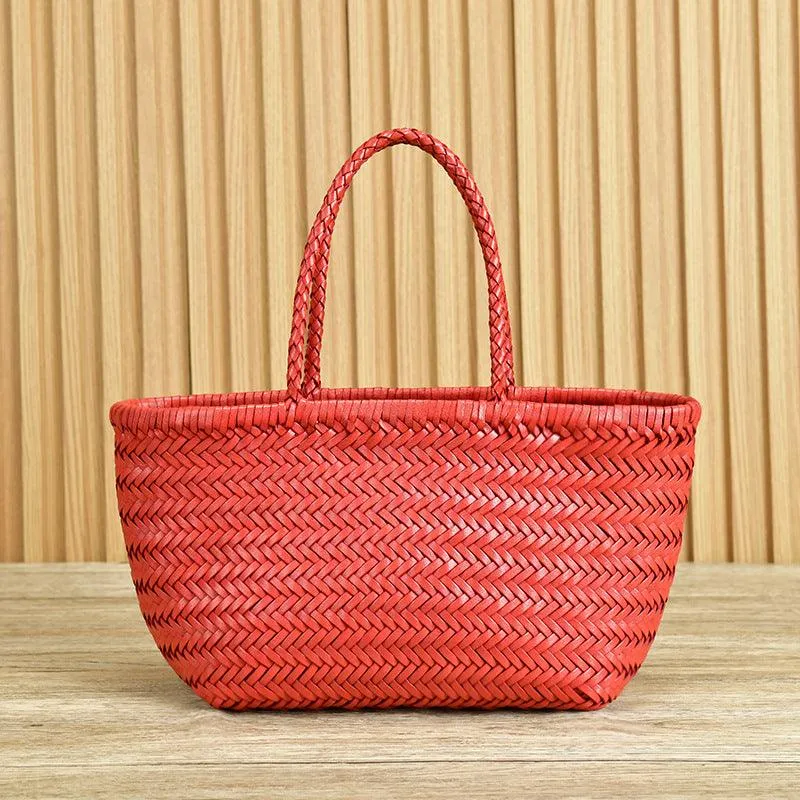 Italy Full Grain Leather Soft Woven Triple Jump Bamboo Style HandBag, Handcrafted Ladies Bag, Basket Bag, Coffee, Black, Brown