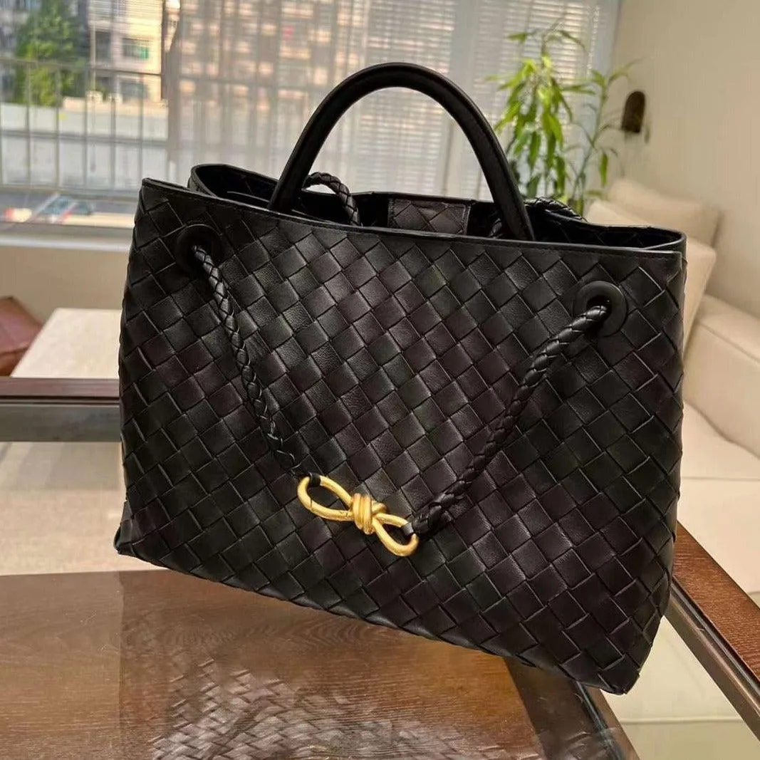 Lambskin Leather Knotted Intrecciato Shoulder Bag | Woven Handbag With Metal Buckle, Daily Fashion Designer Bag, Woven Shoulder Purse