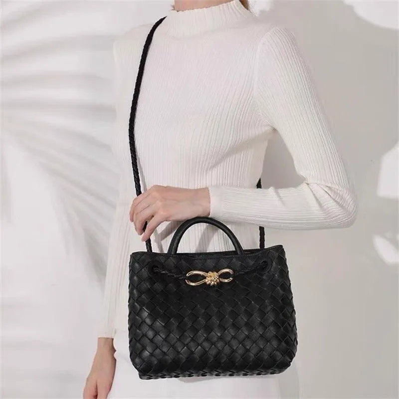 Lambskin Leather Knotted Intrecciato Shoulder Bag | Woven Handbag With Metal Buckle, Daily Fashion Designer Bag, Woven Shoulder Purse