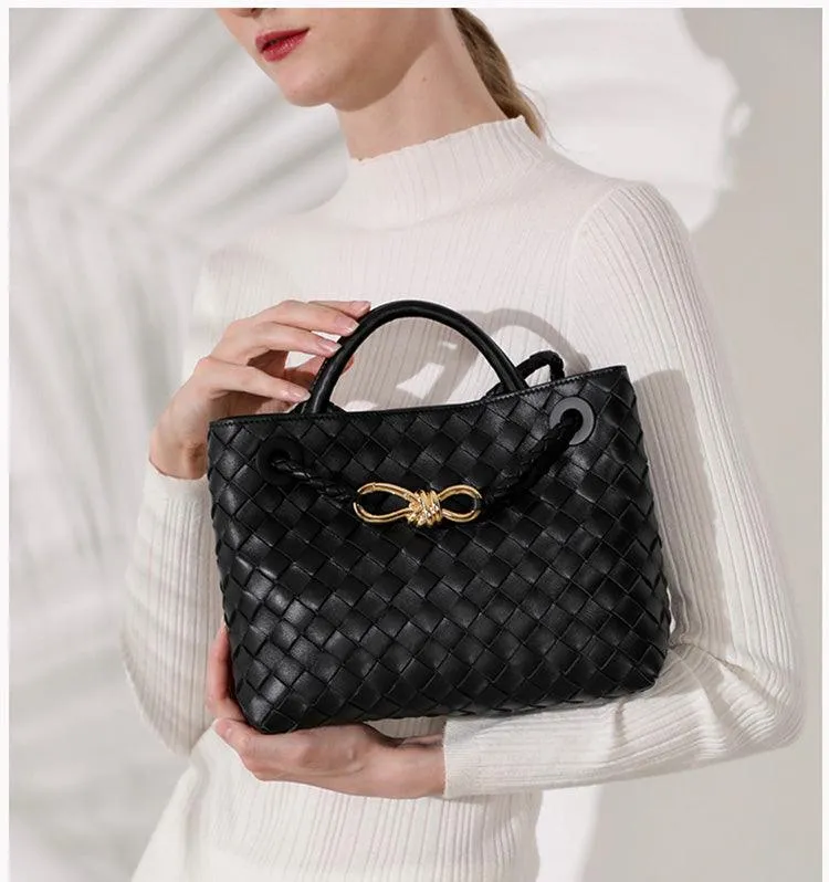 Lambskin Leather Knotted Intrecciato Shoulder Bag | Woven Handbag With Metal Buckle, Daily Fashion Designer Bag, Woven Shoulder Purse
