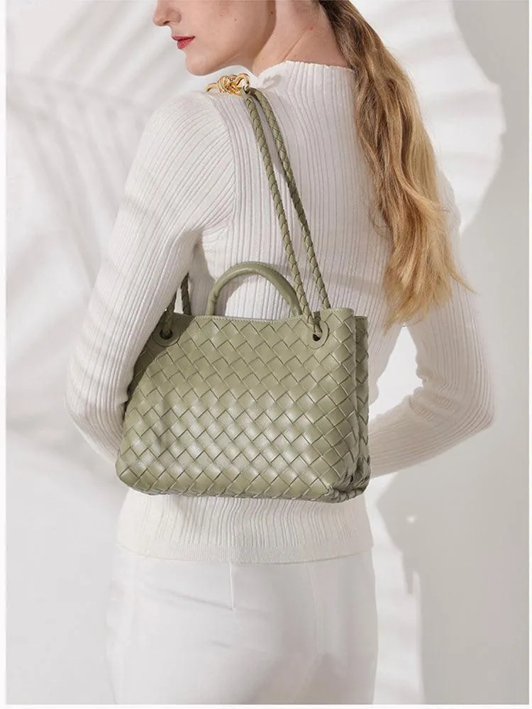 Lambskin Leather Knotted Intrecciato Shoulder Bag | Woven Handbag With Metal Buckle, Daily Fashion Designer Bag, Woven Shoulder Purse