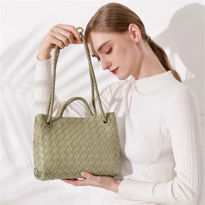 Lambskin Leather Knotted Intrecciato Shoulder Bag | Woven Handbag With Metal Buckle, Daily Fashion Designer Bag, Woven Shoulder Purse