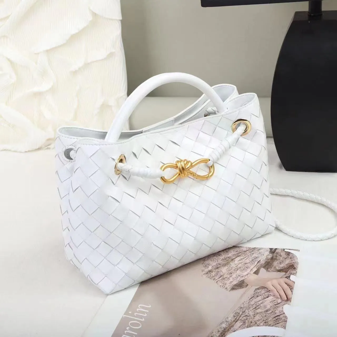 Lambskin Leather Knotted Intrecciato Shoulder Bag | Woven Handbag With Metal Buckle, Daily Fashion Designer Bag, Woven Shoulder Purse