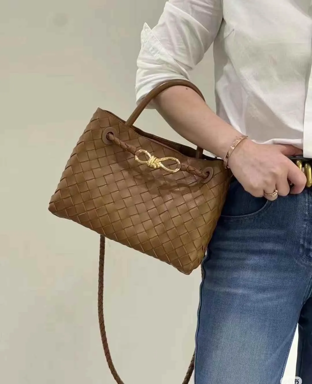 Lambskin Leather Knotted Intrecciato Shoulder Bag | Woven Handbag With Metal Buckle, Daily Fashion Designer Bag, Woven Shoulder Purse