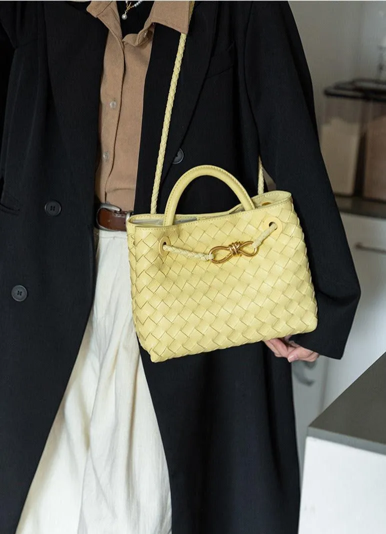 Lambskin Leather Knotted Intrecciato Shoulder Bag | Woven Handbag With Metal Buckle, Daily Fashion Designer Bag, Woven Shoulder Purse
