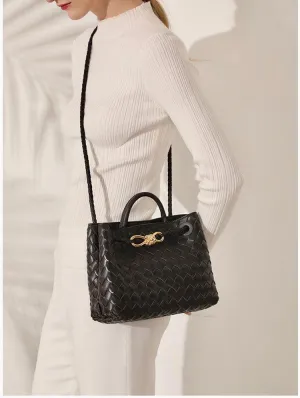 Lambskin Leather Knotted Intrecciato Shoulder Bag | Woven Handbag With Metal Buckle, Daily Fashion Designer Bag, Woven Shoulder Purse