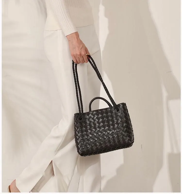 Lambskin Leather Knotted Intrecciato Shoulder Bag | Woven Handbag With Metal Buckle, Daily Fashion Designer Bag, Woven Shoulder Purse