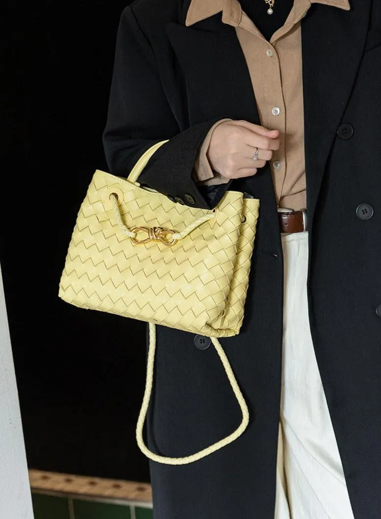 Lambskin Leather Knotted Intrecciato Shoulder Bag | Woven Handbag With Metal Buckle, Daily Fashion Designer Bag, Woven Shoulder Purse