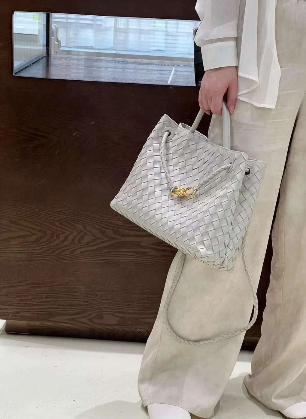 Lambskin Leather Knotted Intrecciato Shoulder Bag | Woven Handbag With Metal Buckle, Daily Fashion Designer Bag, Woven Shoulder Purse