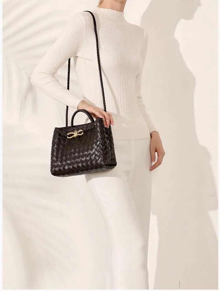 Lambskin Leather Knotted Intrecciato Shoulder Bag | Woven Handbag With Metal Buckle, Daily Fashion Designer Bag, Woven Shoulder Purse