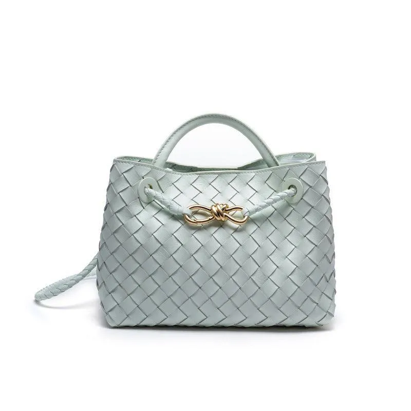 Lambskin Leather Knotted Intrecciato Shoulder Bag | Woven Handbag With Metal Buckle, Daily Fashion Designer Bag, Woven Shoulder Purse