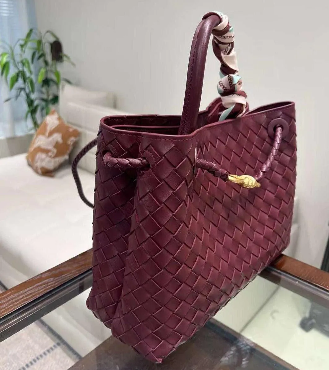 Lambskin Leather Knotted Intrecciato Shoulder Bag | Woven Handbag With Metal Buckle, Daily Fashion Designer Bag, Woven Shoulder Purse