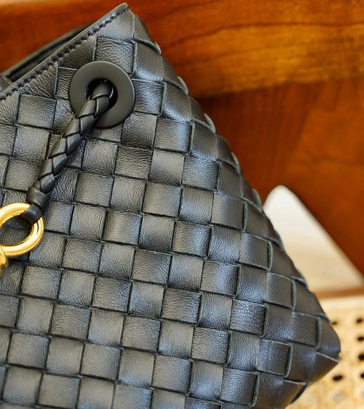 Lambskin Leather Knotted Intrecciato Shoulder Bag | Woven Handbag With Metal Buckle, Daily Fashion Designer Bag, Woven Shoulder Purse