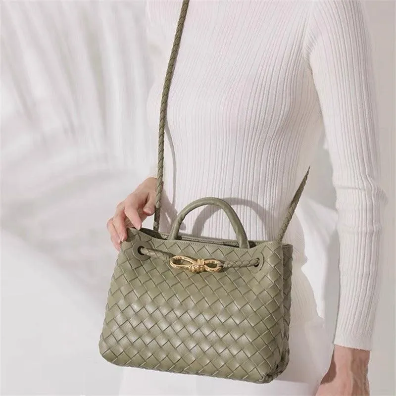 Lambskin Leather Knotted Intrecciato Shoulder Bag | Woven Handbag With Metal Buckle, Daily Fashion Designer Bag, Woven Shoulder Purse