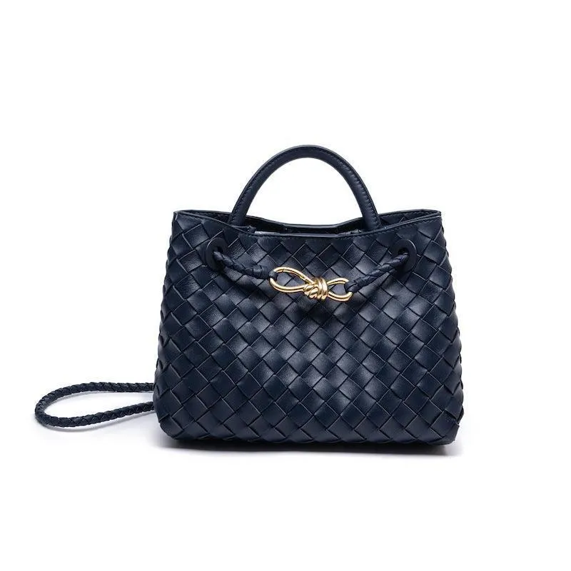 Lambskin Leather Knotted Intrecciato Shoulder Bag | Woven Handbag With Metal Buckle, Daily Fashion Designer Bag, Woven Shoulder Purse