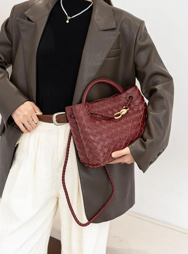 Lambskin Leather Knotted Intrecciato Shoulder Bag | Woven Handbag With Metal Buckle, Daily Fashion Designer Bag, Woven Shoulder Purse