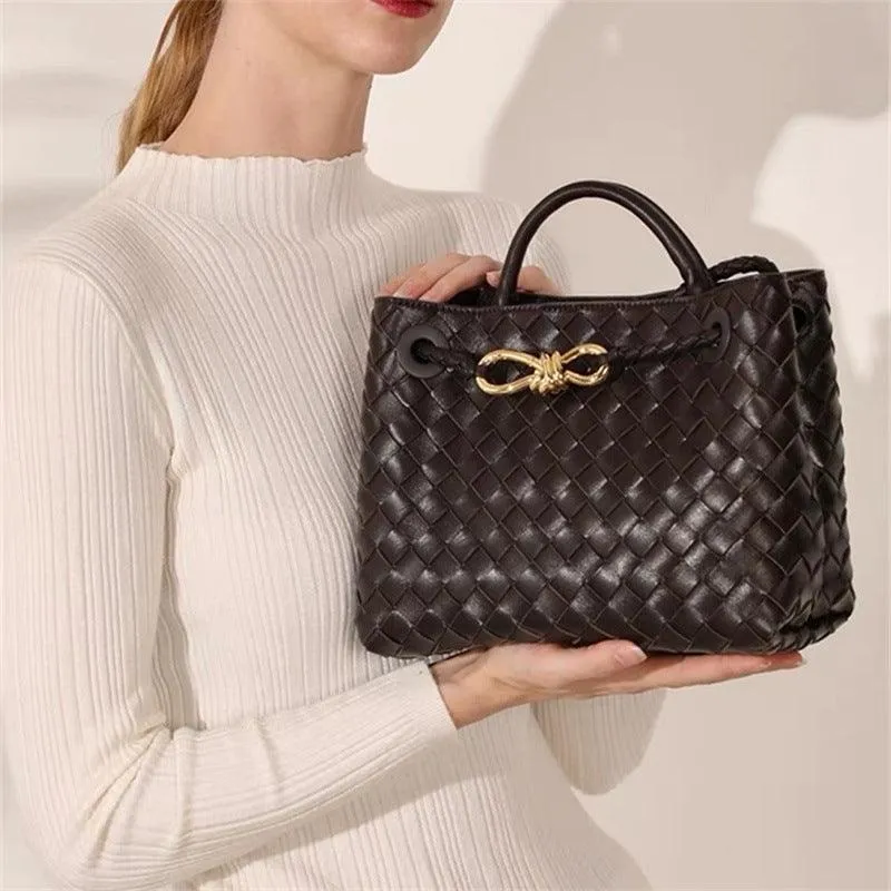 Lambskin Leather Knotted Intrecciato Shoulder Bag | Woven Handbag With Metal Buckle, Daily Fashion Designer Bag, Woven Shoulder Purse