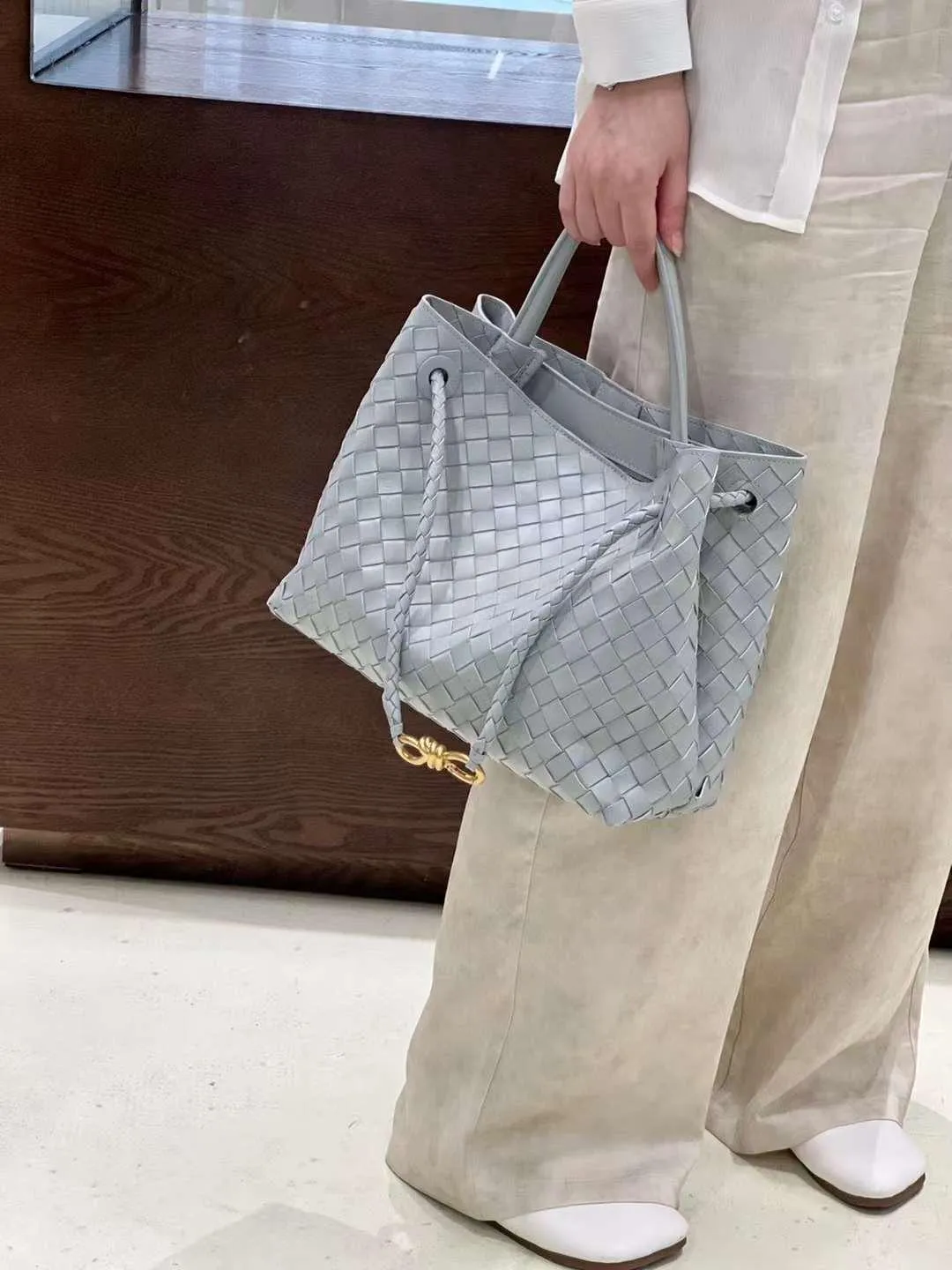Lambskin Leather Knotted Intrecciato Shoulder Bag | Woven Handbag With Metal Buckle, Daily Fashion Designer Bag, Woven Shoulder Purse