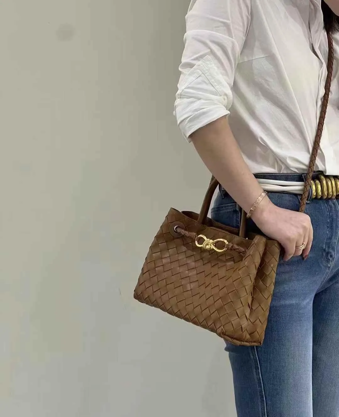 Lambskin Leather Knotted Intrecciato Shoulder Bag | Woven Handbag With Metal Buckle, Daily Fashion Designer Bag, Woven Shoulder Purse