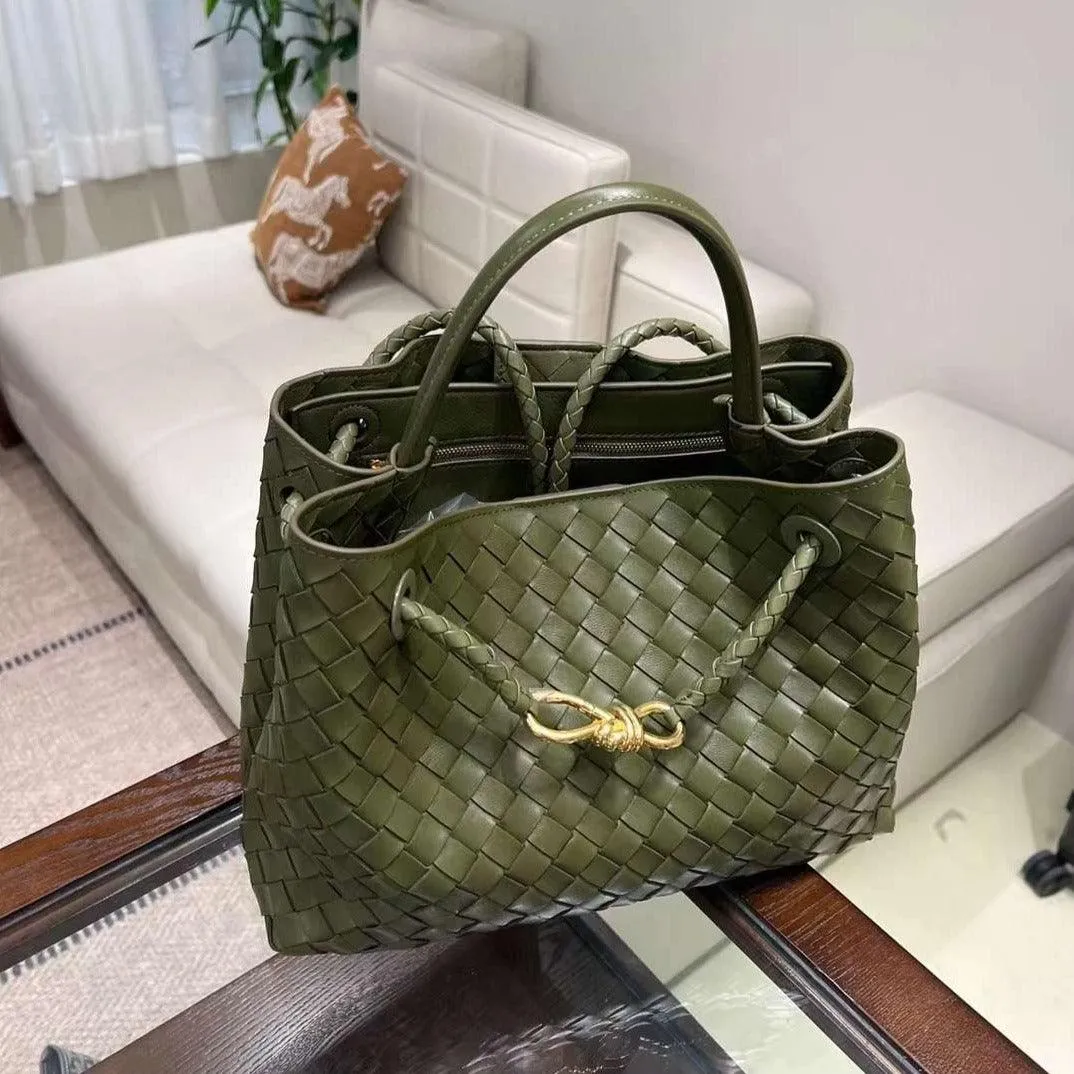 Lambskin Leather Knotted Intrecciato Shoulder Bag | Woven Handbag With Metal Buckle, Daily Fashion Designer Bag, Woven Shoulder Purse