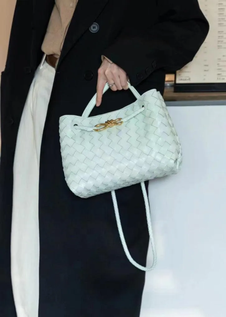 Lambskin Leather Knotted Intrecciato Shoulder Bag | Woven Handbag With Metal Buckle, Daily Fashion Designer Bag, Woven Shoulder Purse