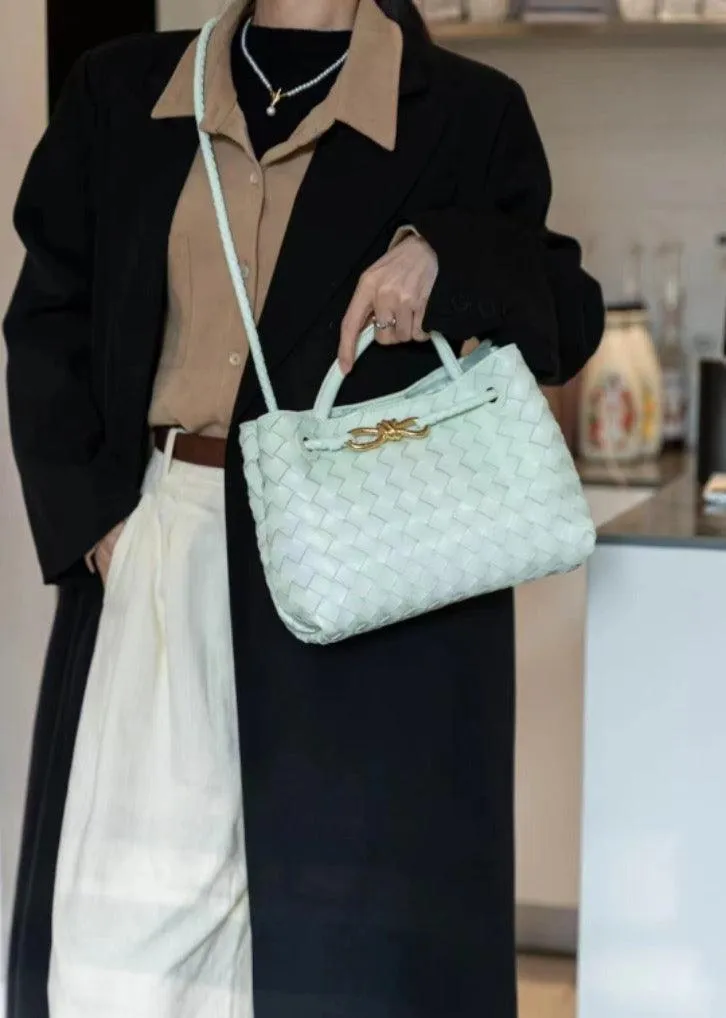 Lambskin Leather Knotted Intrecciato Shoulder Bag | Woven Handbag With Metal Buckle, Daily Fashion Designer Bag, Woven Shoulder Purse