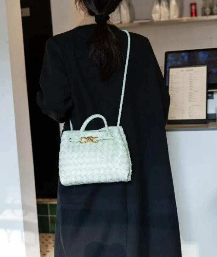 Lambskin Leather Knotted Intrecciato Shoulder Bag | Woven Handbag With Metal Buckle, Daily Fashion Designer Bag, Woven Shoulder Purse