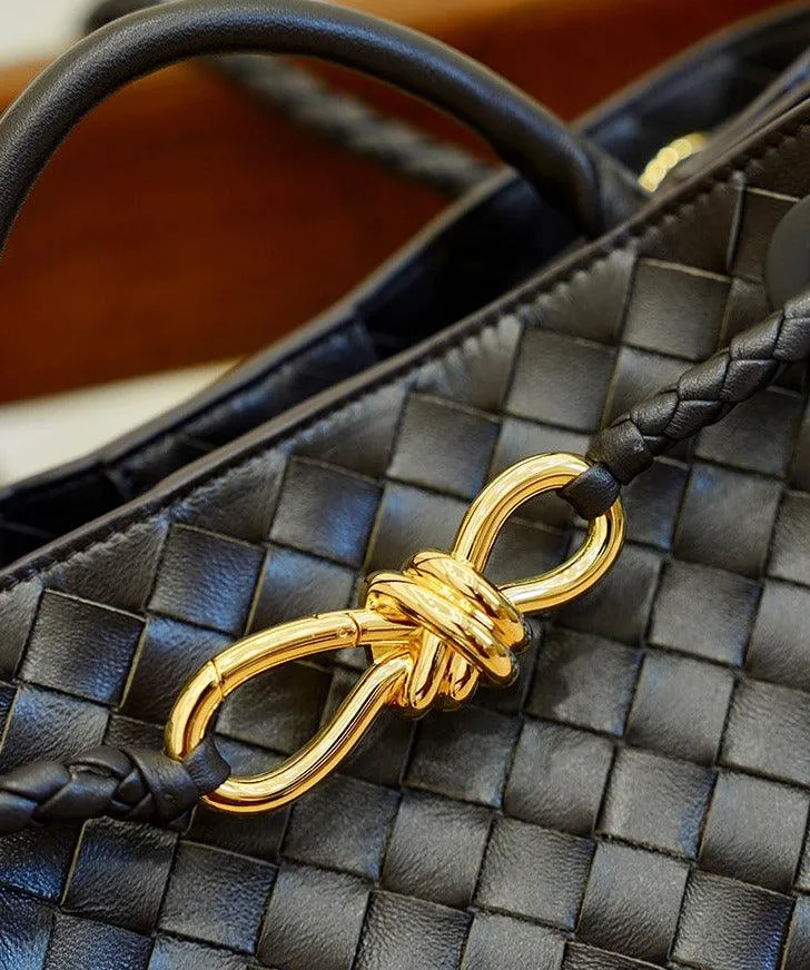 Lambskin Leather Knotted Intrecciato Shoulder Bag | Woven Handbag With Metal Buckle, Daily Fashion Designer Bag, Woven Shoulder Purse