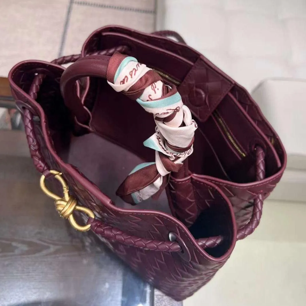 Lambskin Leather Knotted Intrecciato Shoulder Bag | Woven Handbag With Metal Buckle, Daily Fashion Designer Bag, Woven Shoulder Purse