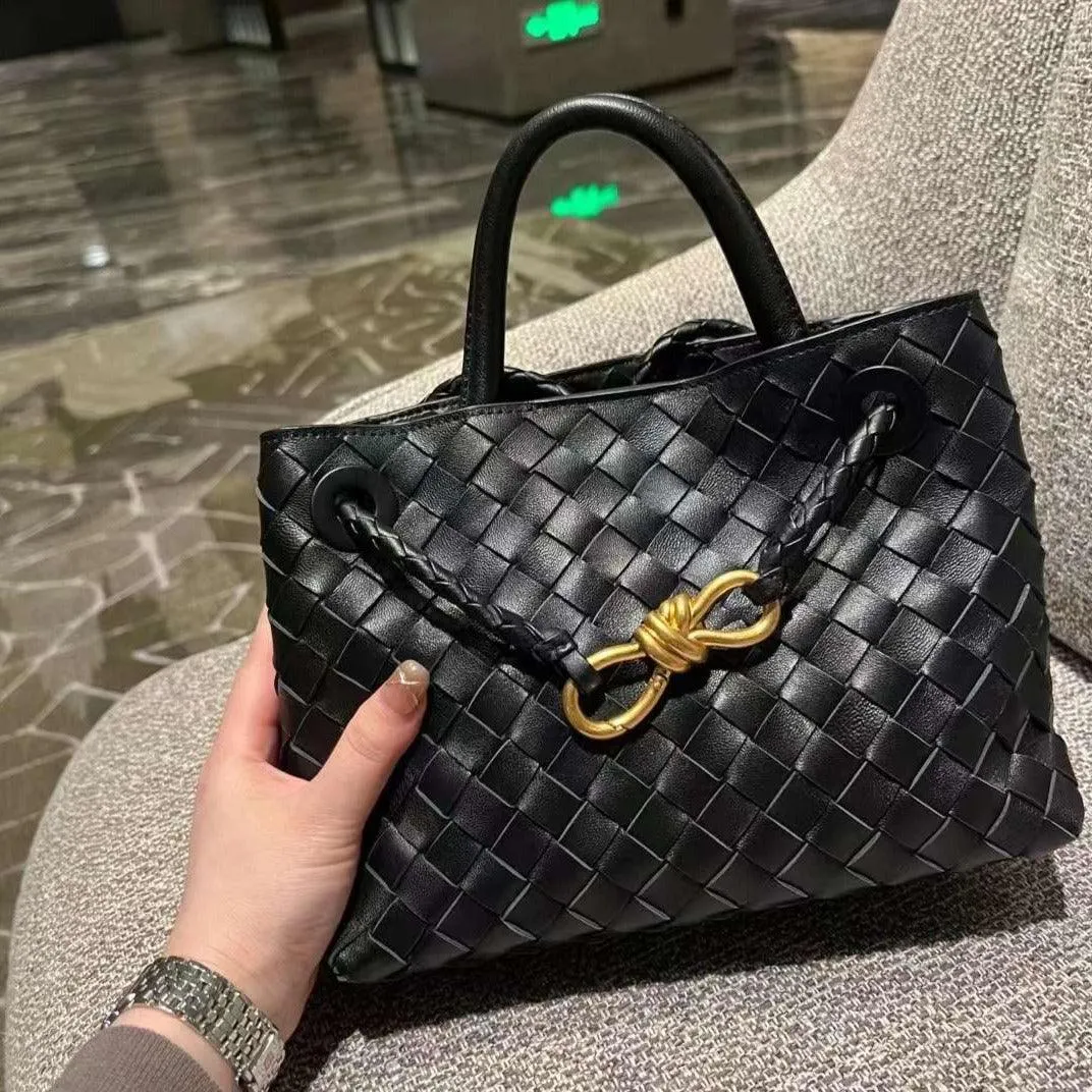 Lambskin Leather Knotted Intrecciato Shoulder Bag | Woven Handbag With Metal Buckle, Daily Fashion Designer Bag, Woven Shoulder Purse