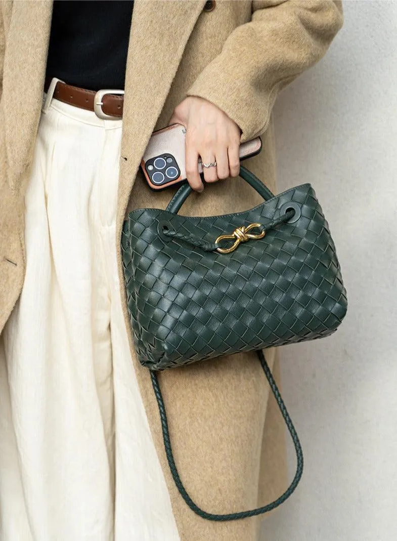 Lambskin Leather Knotted Intrecciato Shoulder Bag | Woven Handbag With Metal Buckle, Daily Fashion Designer Bag, Woven Shoulder Purse