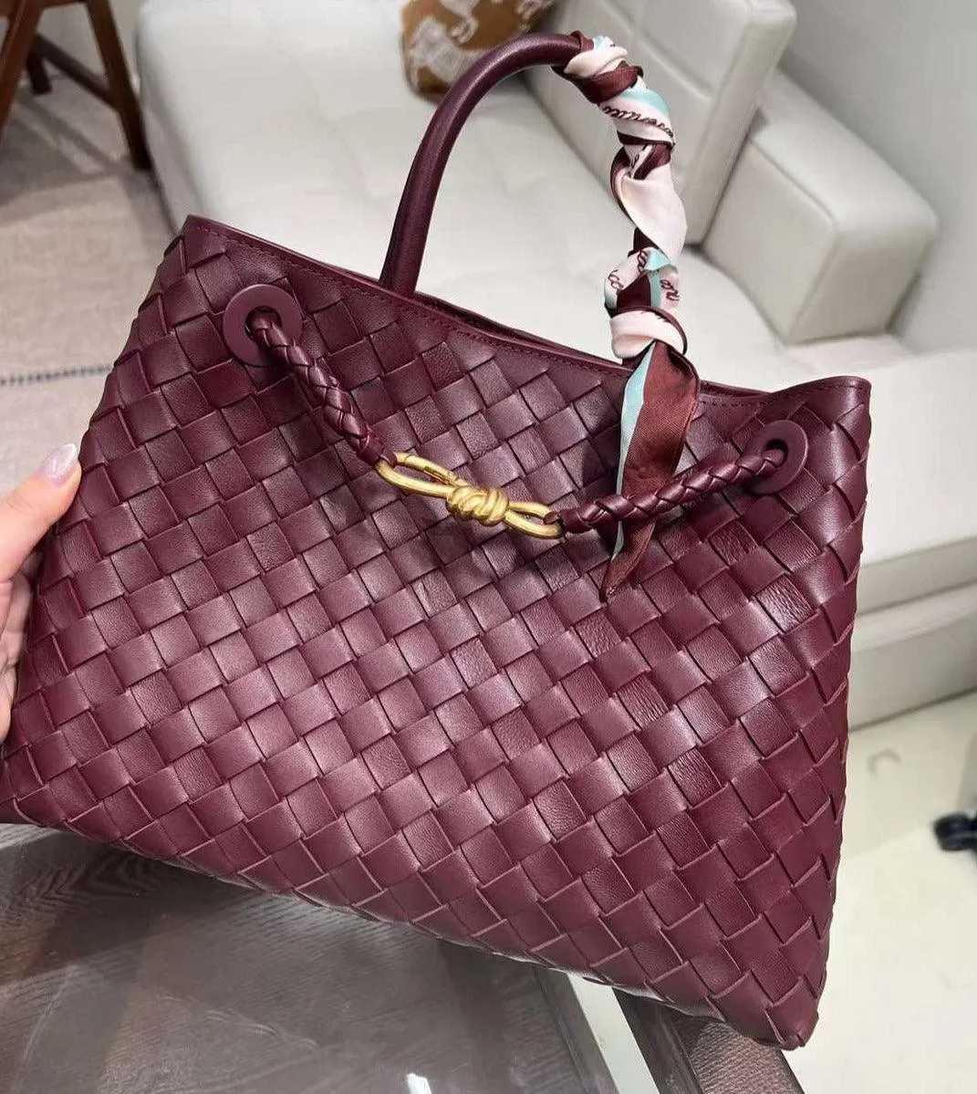 Lambskin Leather Knotted Intrecciato Shoulder Bag | Woven Handbag With Metal Buckle, Daily Fashion Designer Bag, Woven Shoulder Purse
