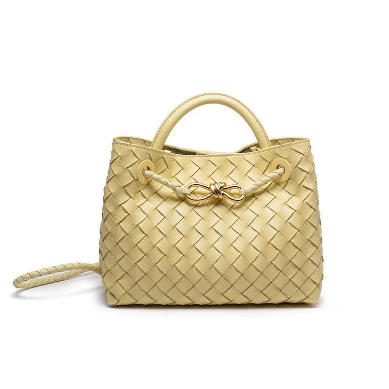 Lambskin Leather Knotted Intrecciato Shoulder Bag | Woven Handbag With Metal Buckle, Daily Fashion Designer Bag, Woven Shoulder Purse
