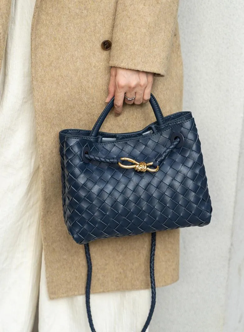 Lambskin Leather Knotted Intrecciato Shoulder Bag | Woven Handbag With Metal Buckle, Daily Fashion Designer Bag, Woven Shoulder Purse