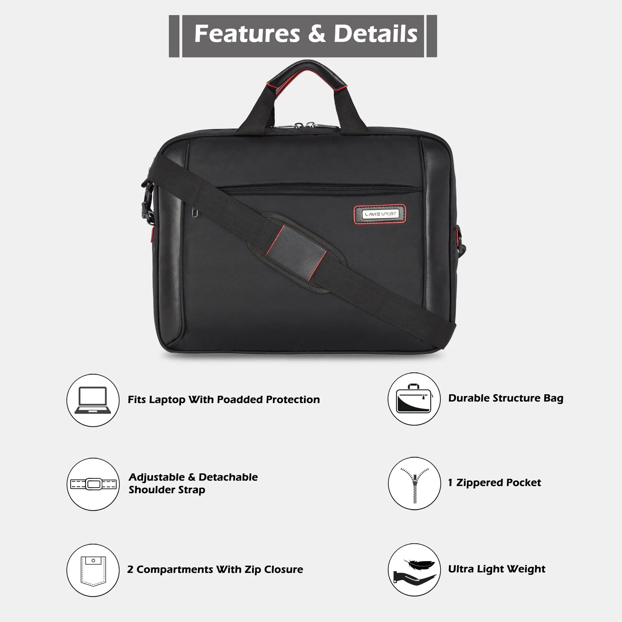 Lavie Sport 1.5 Compartment Business Pro Unisex Laptop Briefcase Bag Black
